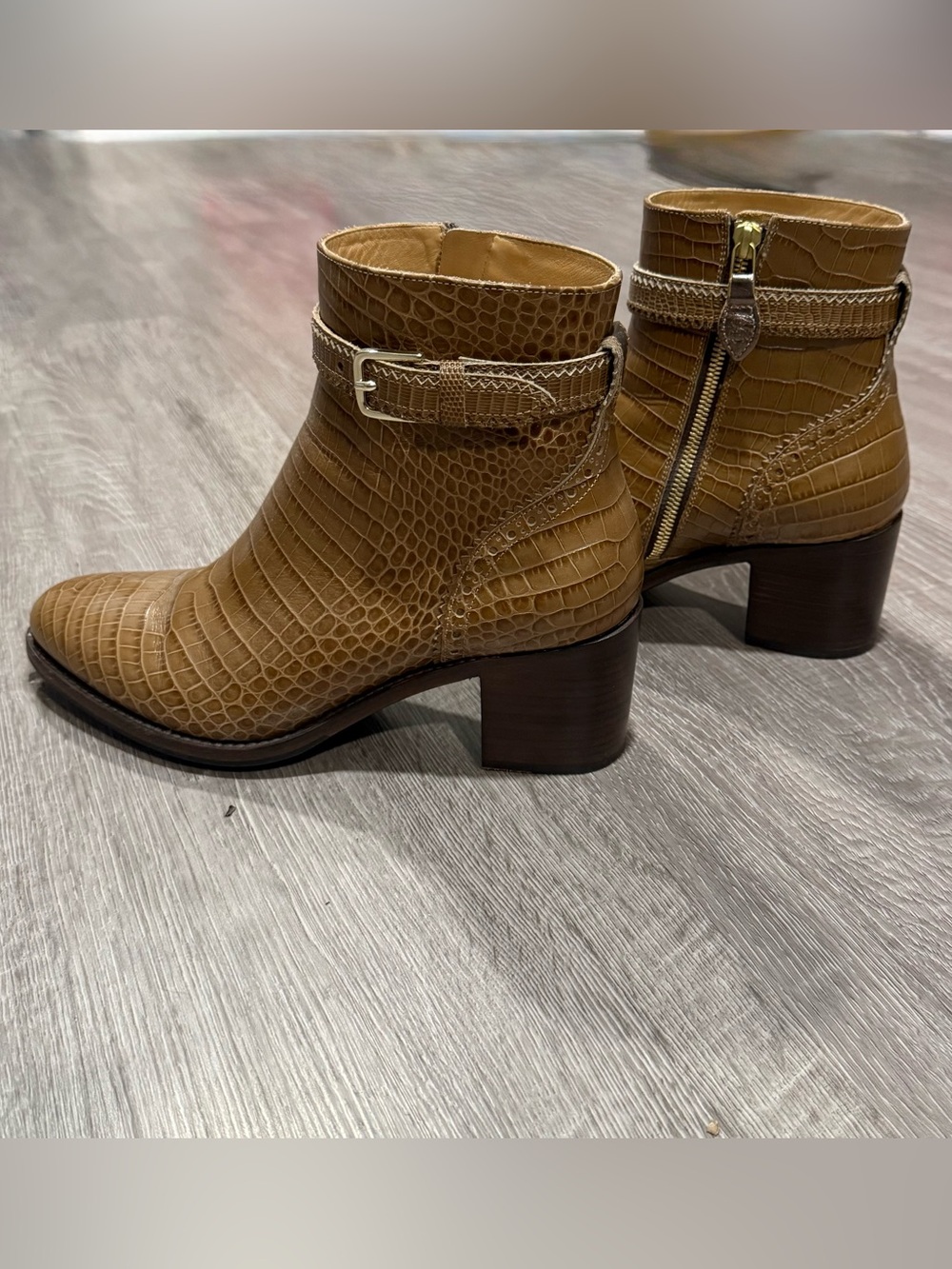 Crocodile detailed Tan Ankle Boot with Buckle and Side Zip